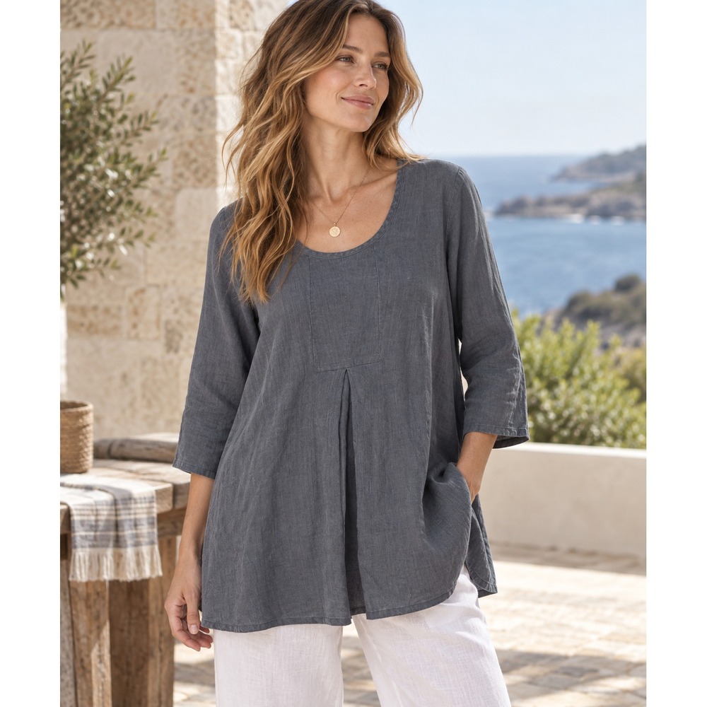 NWOT FLAX Tunic Top Women Sz S Grey 100% Linen 3/4 Sleeve Coastal Lagenlook